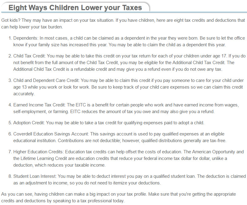 Eight ways Children Lower your Taxes