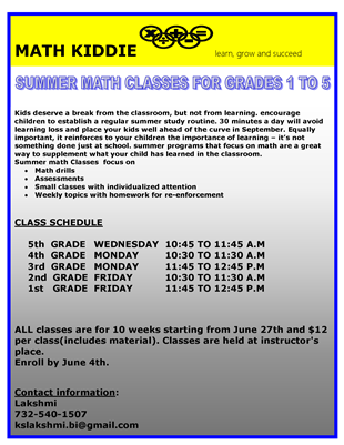 Summer Math Classes For 1 To 5 Grades in Edison, NJ